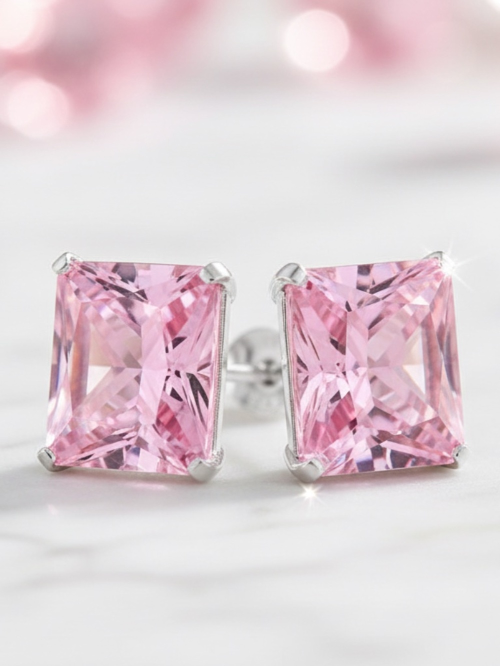 Womens Sterling Silver .925 Pink Zirconia Stud Earrings